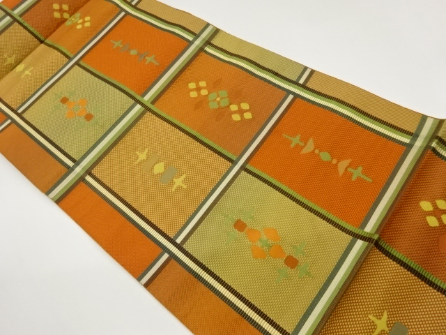 本場筑前博多格子に抽象草花模様織出し名古屋帯